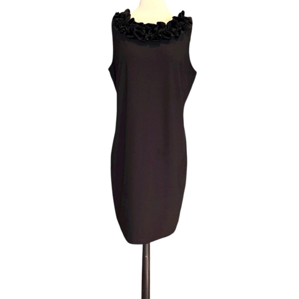 Katherine Way Black Rose Ruffled Neck Sleeveless Stretch Performance LBD Large